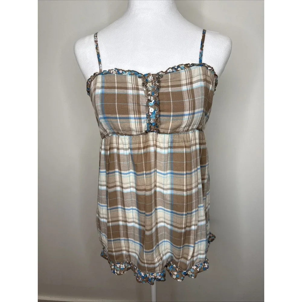 Vintage Y2K  Fairy Grunge Babydoll Smocked Plaid Floral Tank Top M Brown Ruffle - Picture 2 of 5